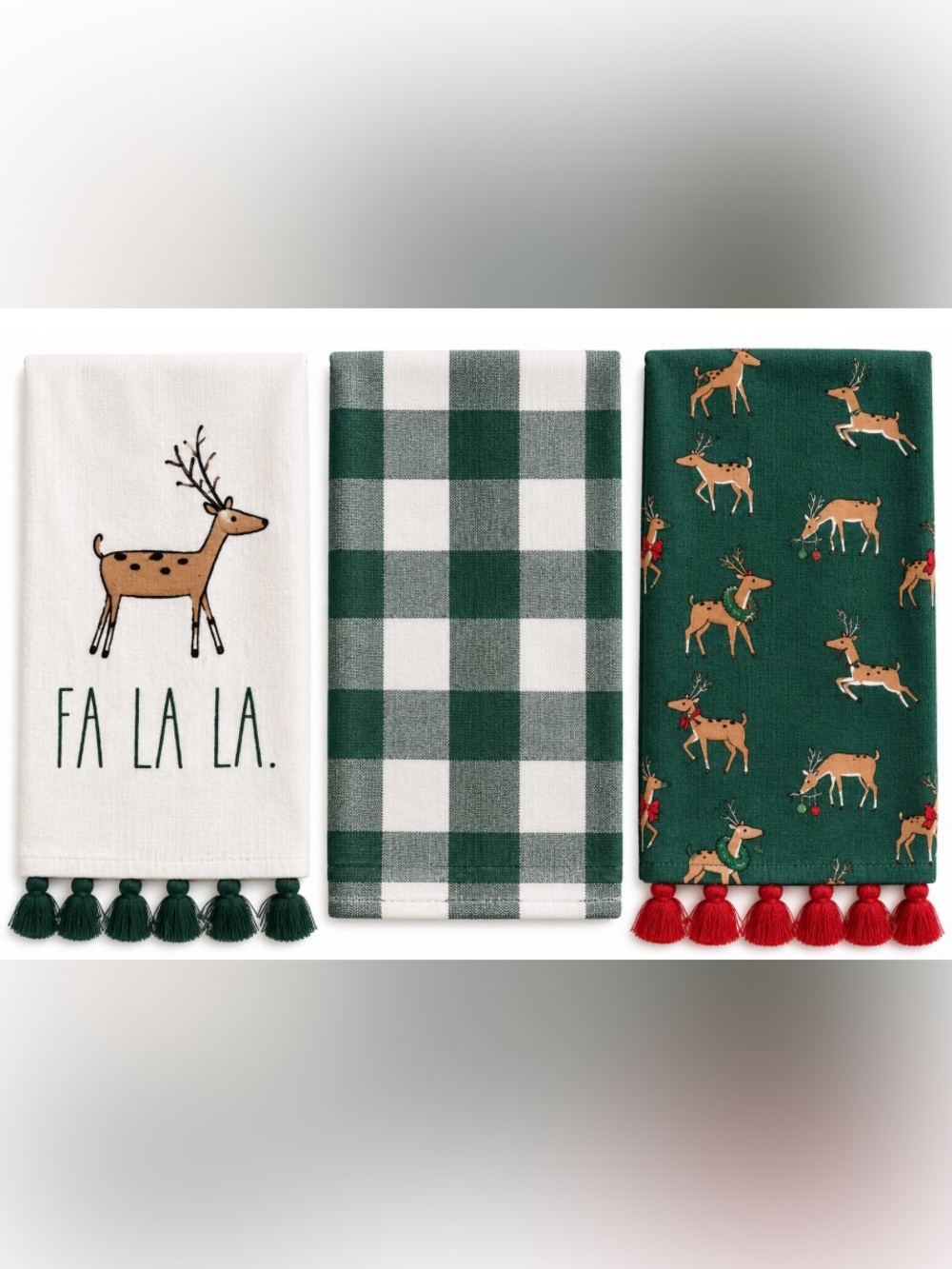 Rae Dunn FA LA LA Reindeer Christmas Kitchen Towels Set of 3 NWT